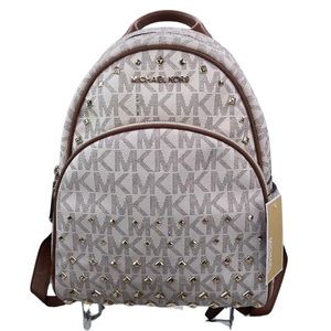 MK Michael Kors ABBEY Medium Studded Backpack Vanilla Cream Brown Gold Adjusts